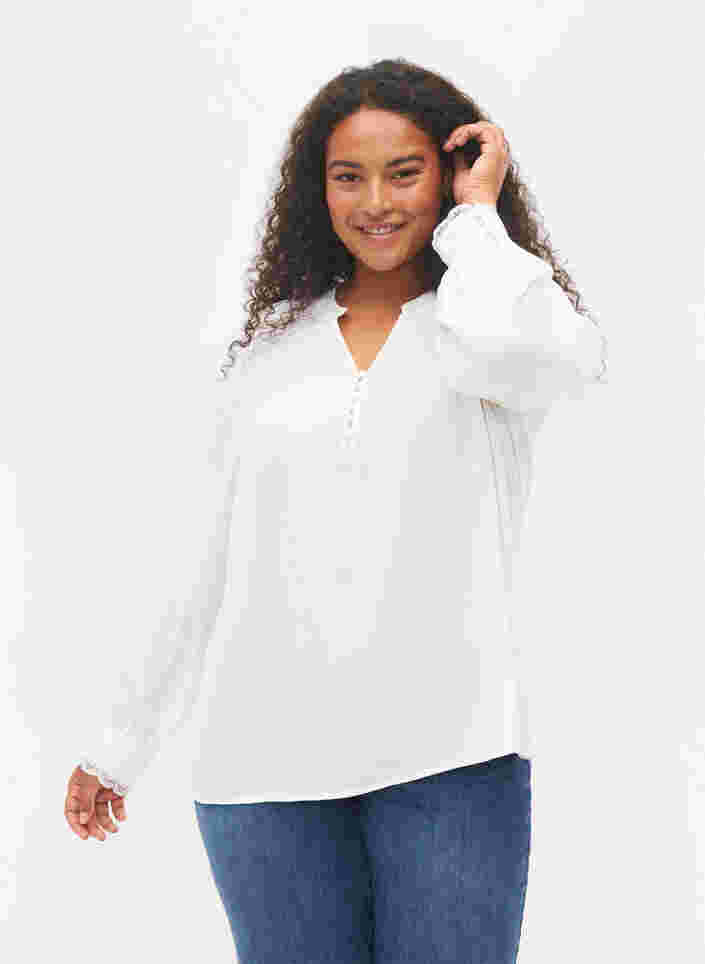 Langærmet bluse med v-udskæring, Bright White, Model image number 0