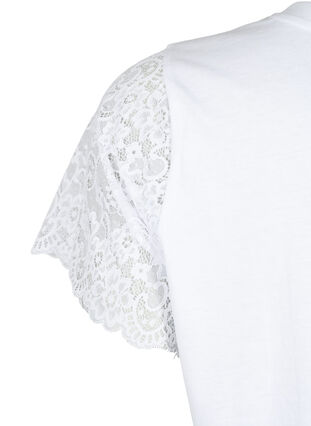 Bomulds t-shirt med korte blondeærmer, Bright White, Packshot image number 3
