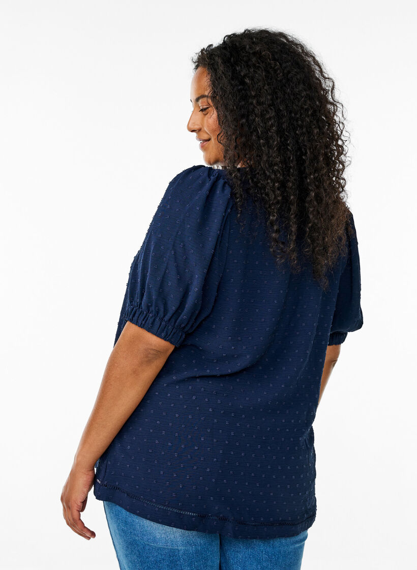 Bluse med korte pufærmer og prikket tekstur, Navy Blazer, Model image number 1