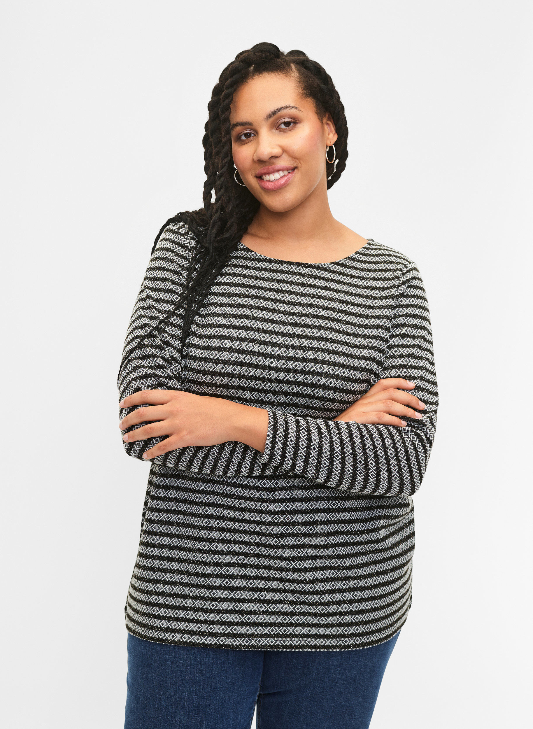 Zizzi Bluse med rund hals og stribet m&oslash;nster, Black Stripe, Model image number 0