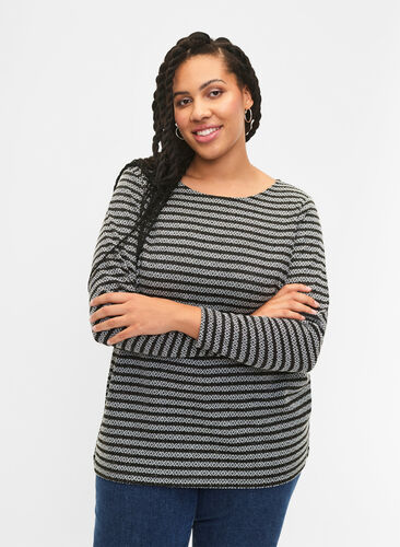 Bluse med rund hals og stribet mønster, Black Stripe, Model image number 0