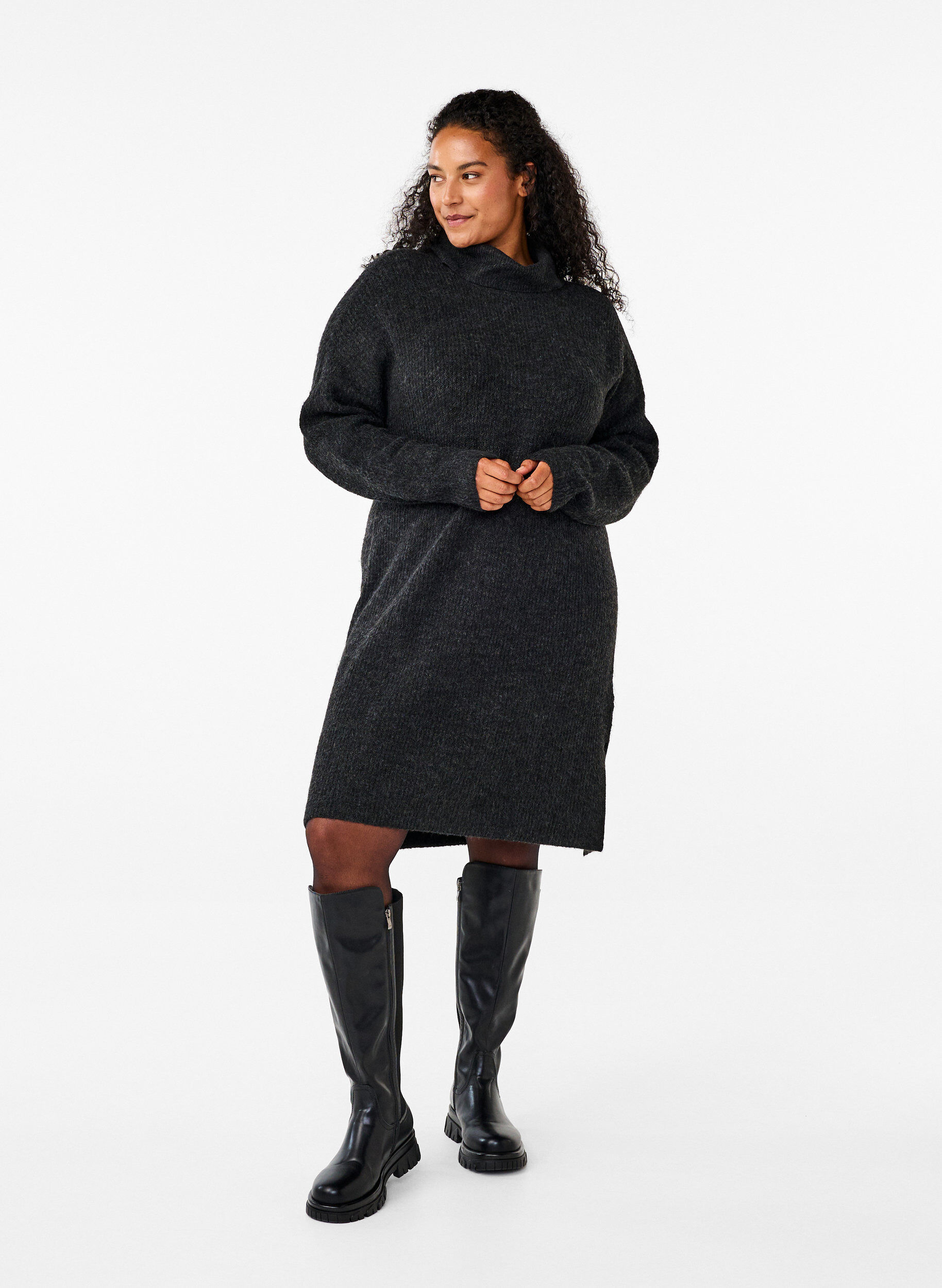 ZizziStrikkjole med rullekrave, Gr&aring;, Model image number 1
