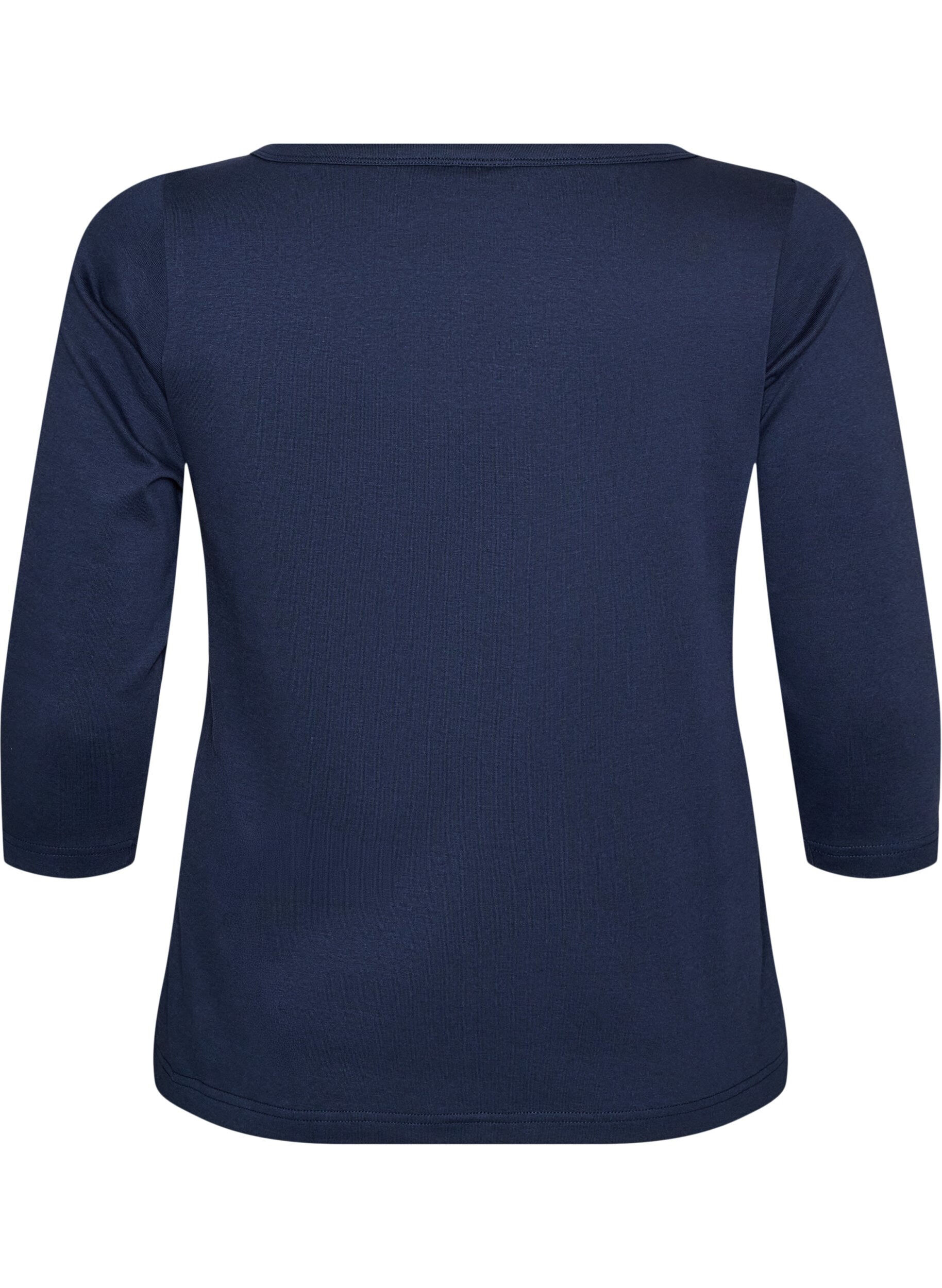 ZizziBasis T-shirt med b&aring;dudsk&aelig;ring og 3/4-&aelig;rmer, Bl&aring;, Packshot image number 1