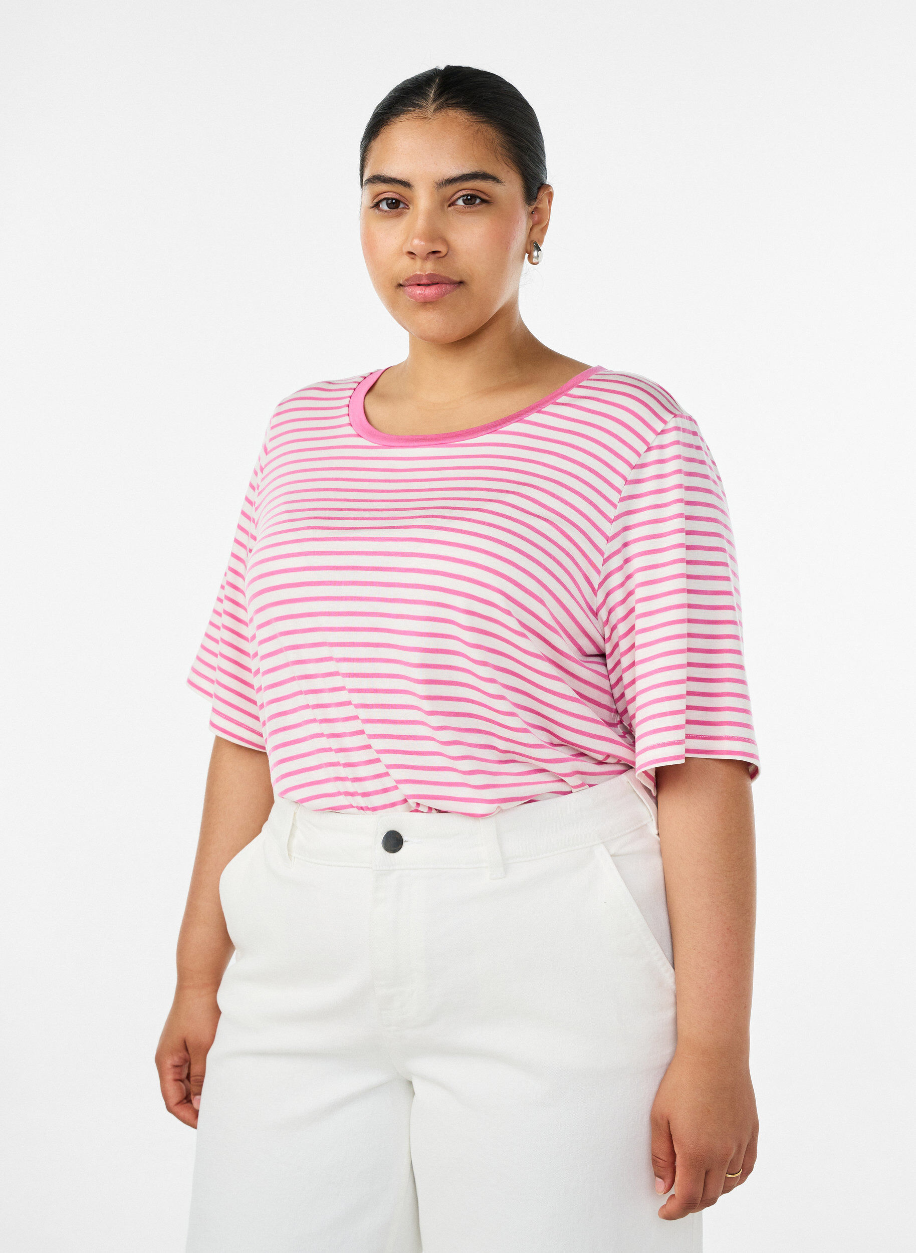 ZizziT-shirt med TENCEL&trade; Lyocell og striber , Lyser&oslash;d, Model image number 0