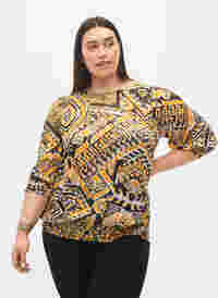 Printet bluse med smock og 3/4 ærmer, Yellow Aztec AOP, Model