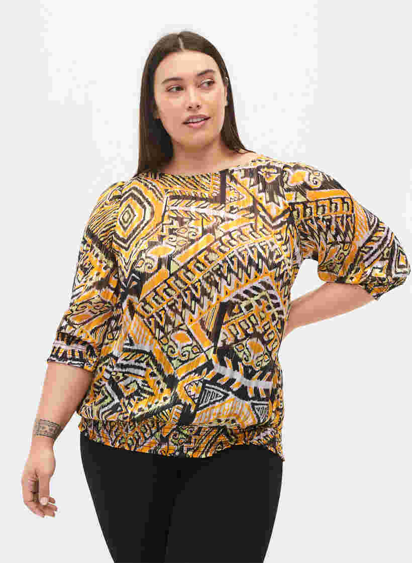 Printet bluse med smock og 3/4 ærmer, Yellow Aztec AOP, Model image number 0