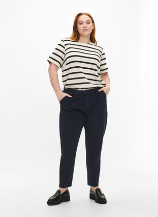 Bluse med korte ærmer og kontrasfarvede striber, Sand Black Stripe, Model image number 2