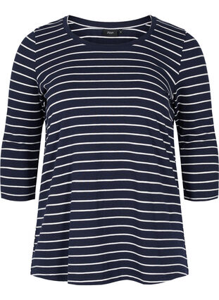 Stribet bomulds bluse med 3/4 ærmer, Blue Stripe, Packshot image number 0