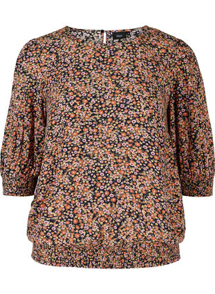 Printet bluse med smock og 3/4 ærmer, Ditsy Flower AOP, Packshot image number 0