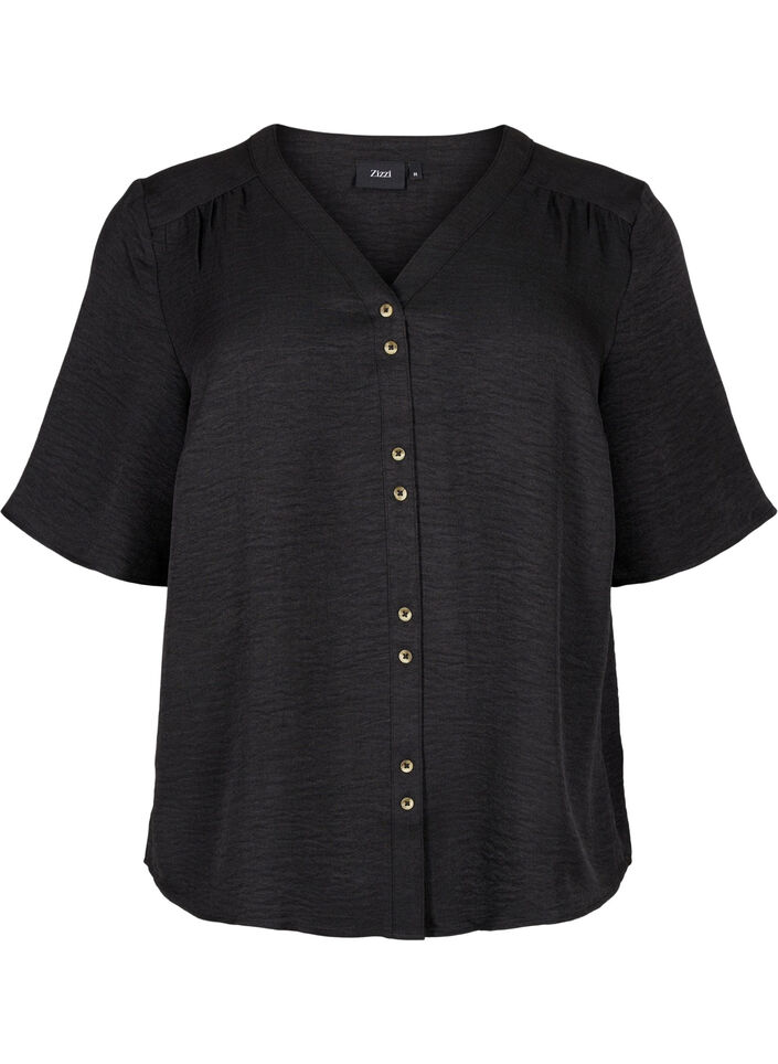Skjortebluse med v-hals og korte &aelig;rmer, Sort, Packshot image number 0