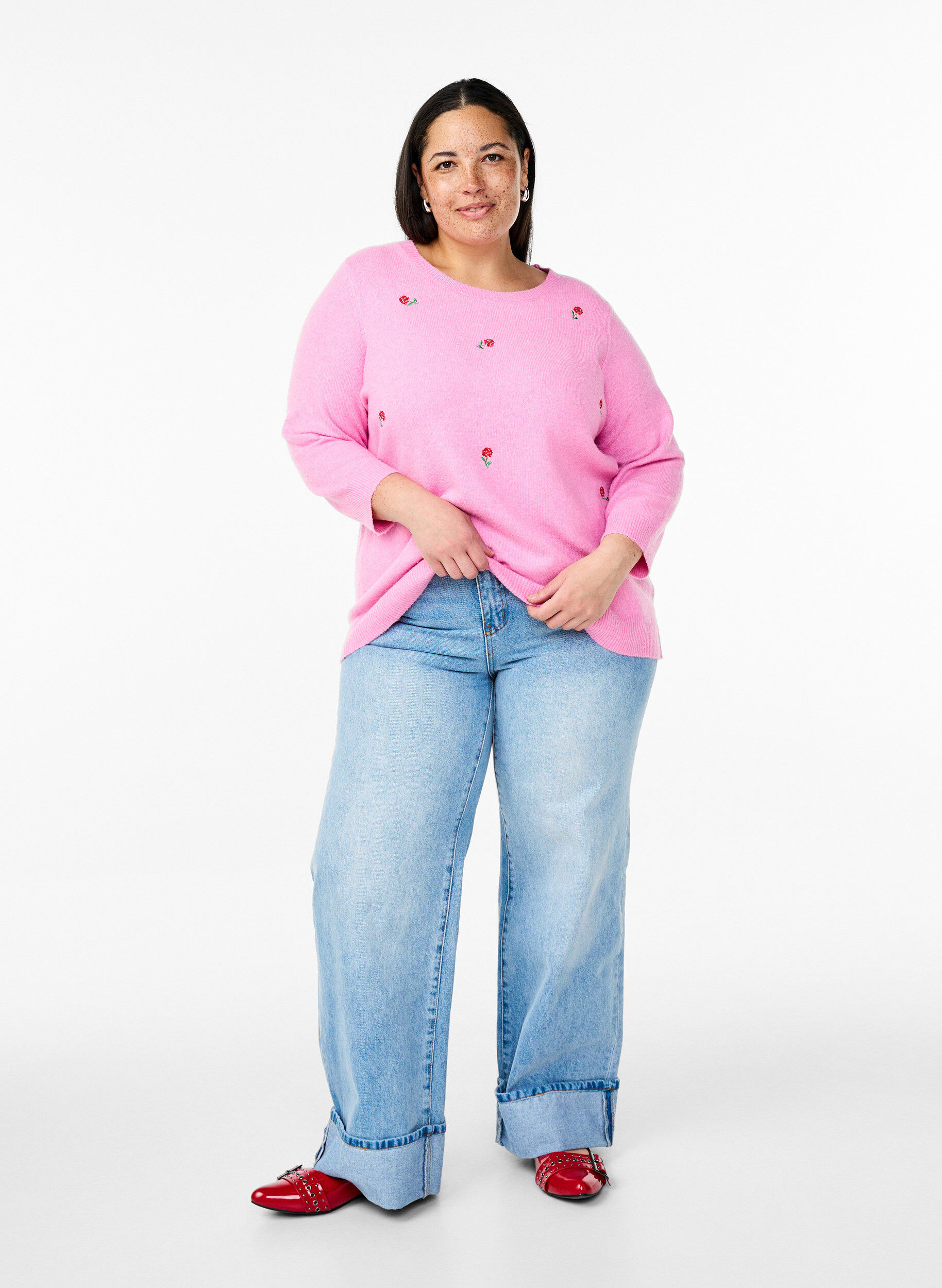 Zizzi Strikbluse med blomster og 3/4 &aelig;rmer, Begonia Pink Mel., Model image number 2