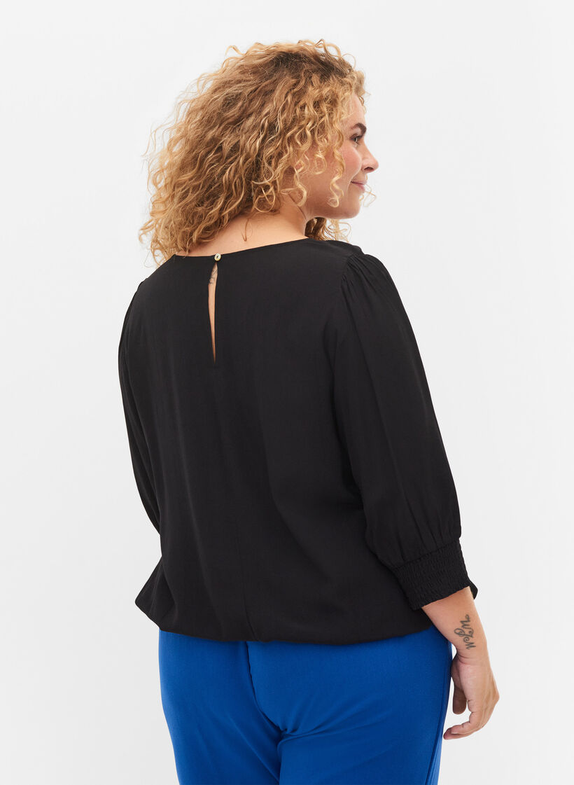 Ensfarvet viskosebluse med ballon-effekt, Black, Model image number 1