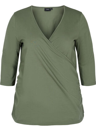 Bomulds bluse med 3/4 ærmer og wrap, Thyme, Packshot image number 0