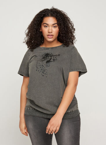 Kortærmet t-shirt med acid wash og smock, Dark grey acid wash, Model image number 0
