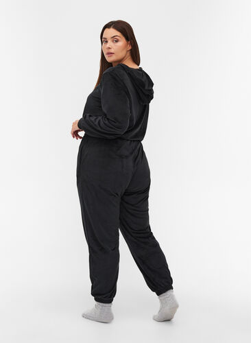 Velour jumpsuit med hætte og bindesnøre, Black, Model image number 1