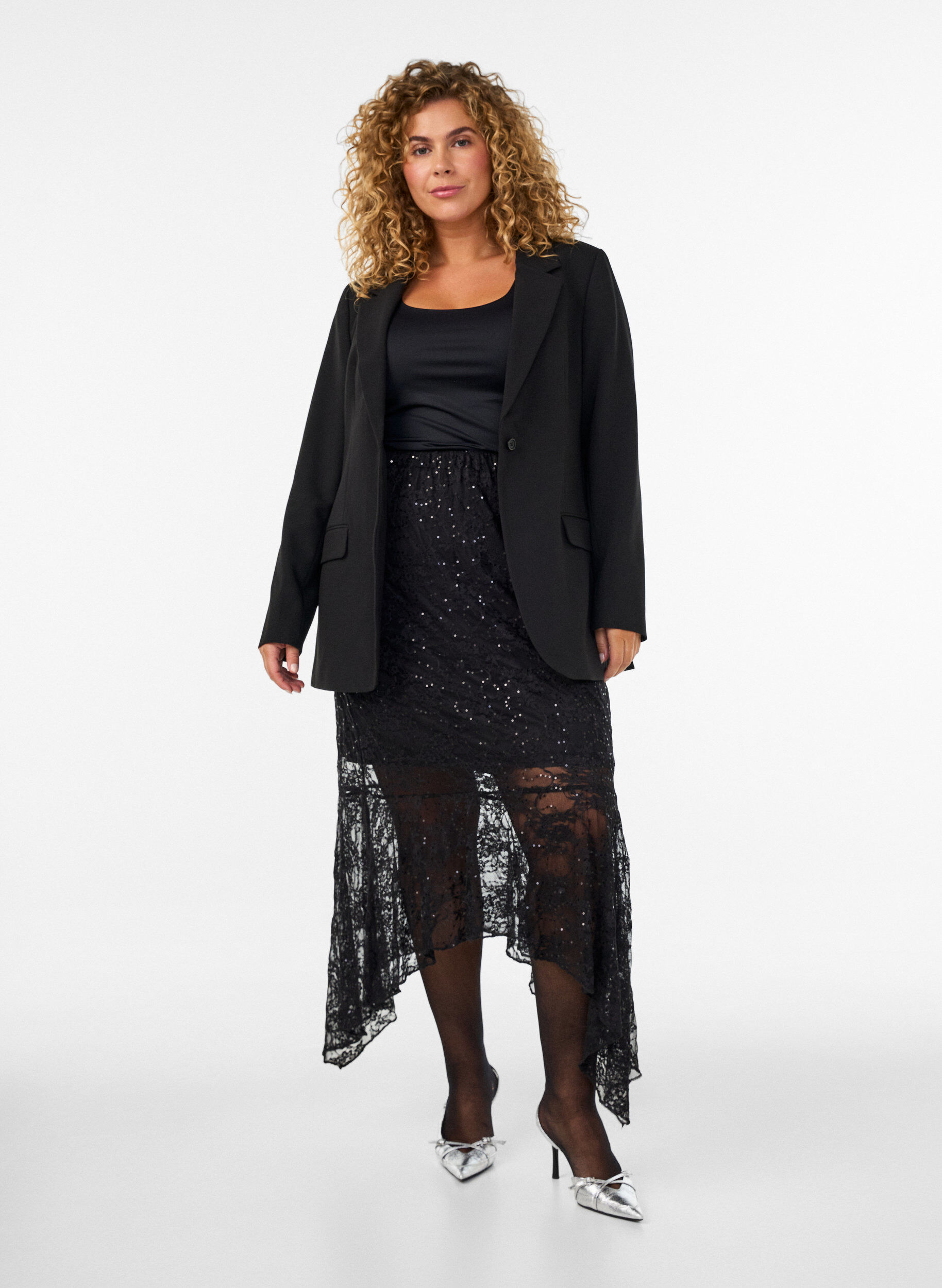ZizziMidinederdel i blonde med pailletter, Sort, Model image number 1