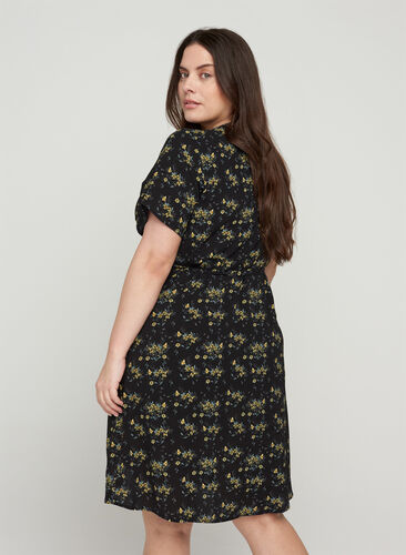 Wrap kjole i print med korte ærmer, Black Yellow AOP, Model image number 1