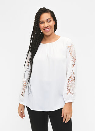 Langærmet bluse med crochet detaljer, Bright White, Model image number 0