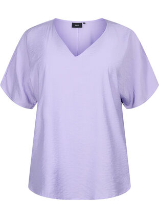 Kortærmet viskose bluse med v-hals, Lavender, Packshot image number 0