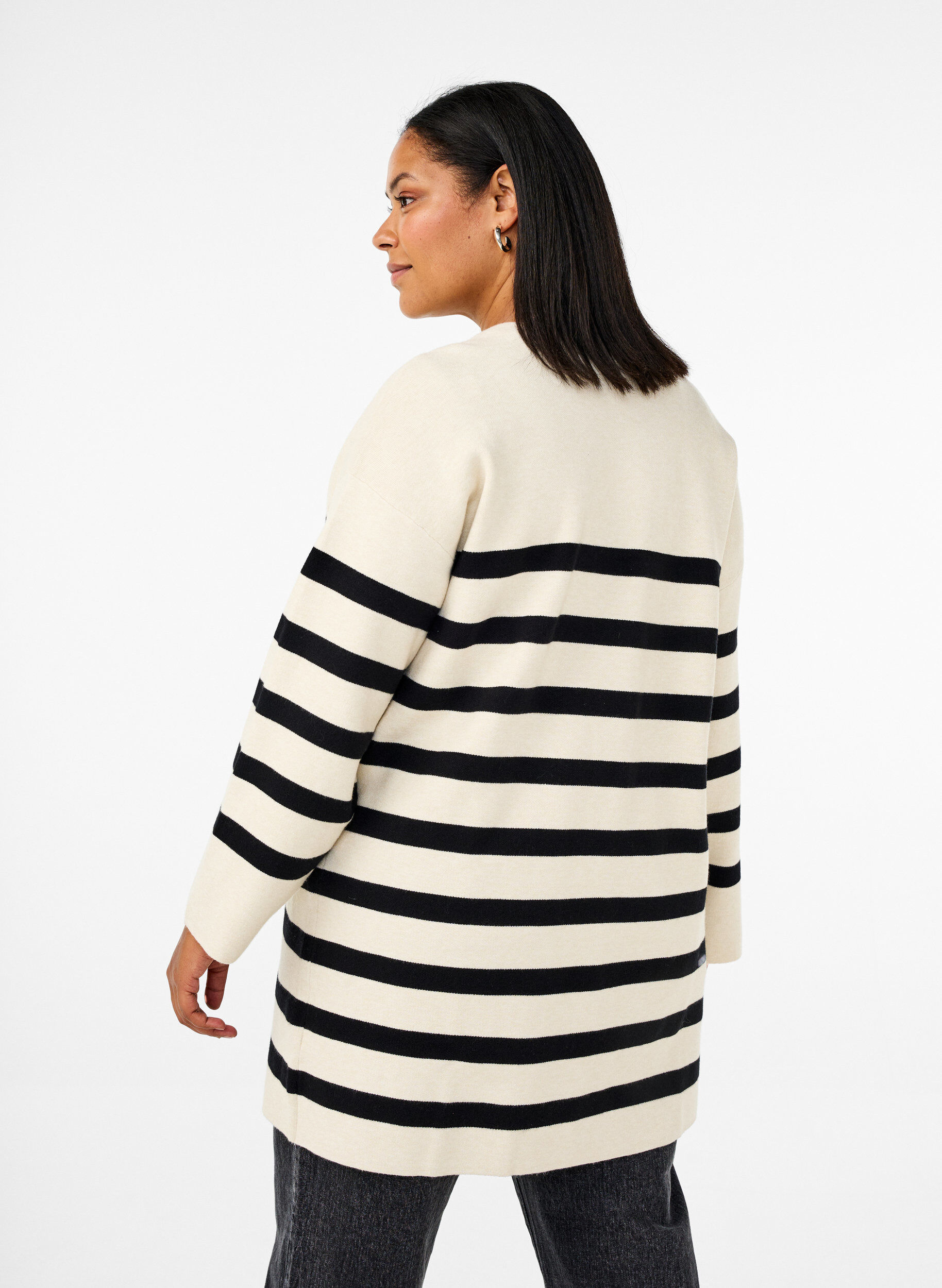 Zizzi Lang strikcardigan med striber, Birch w/Black, Model image number 1