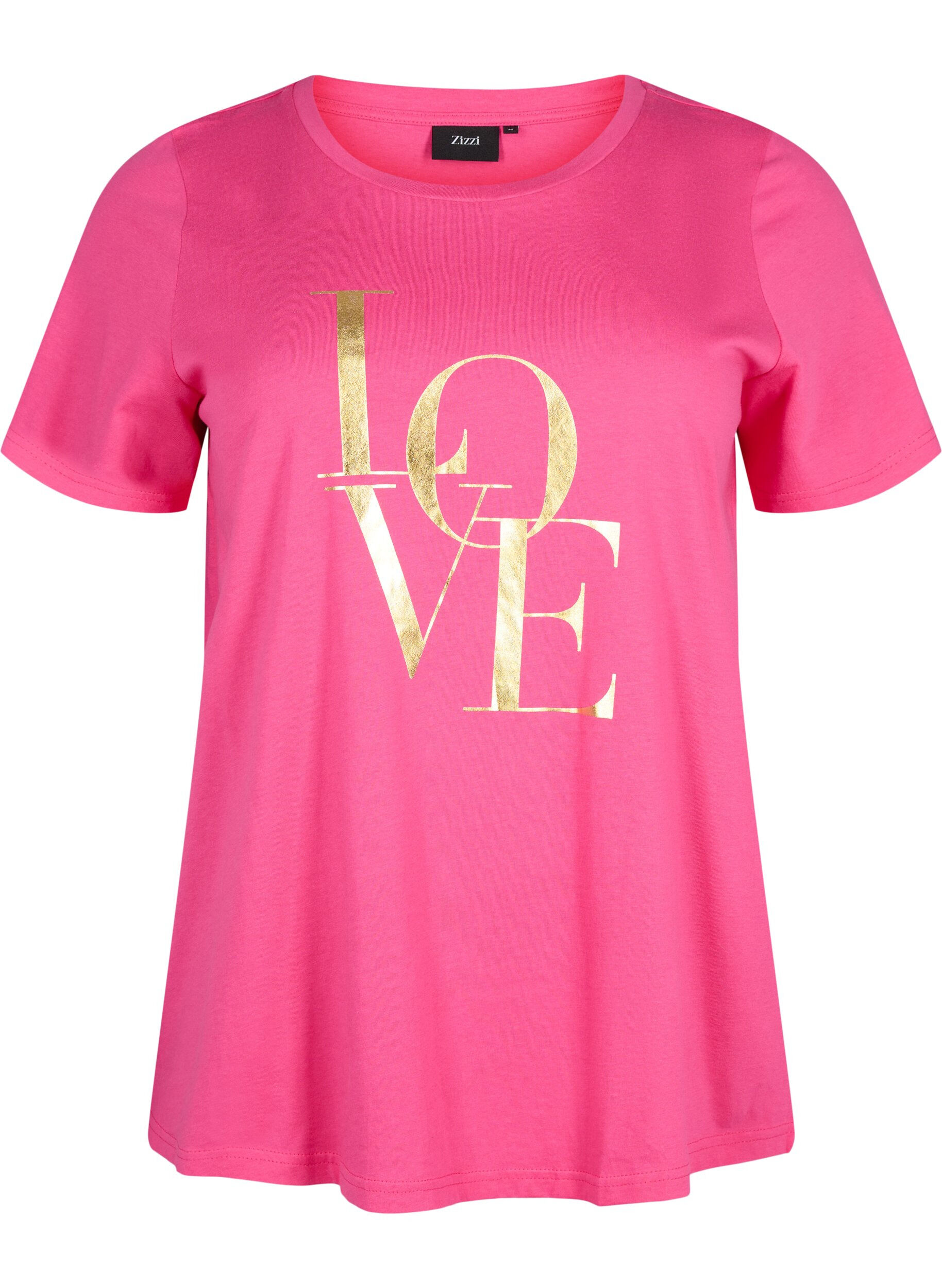 Zizzi T-shirt i bomuld med guldfarvet tekst , R.Sorbet w.Gold Love, Packshot image number 0
