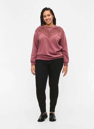 Sweatshirt med flæse og crochet detalje, Rose Brown, Model image number 2