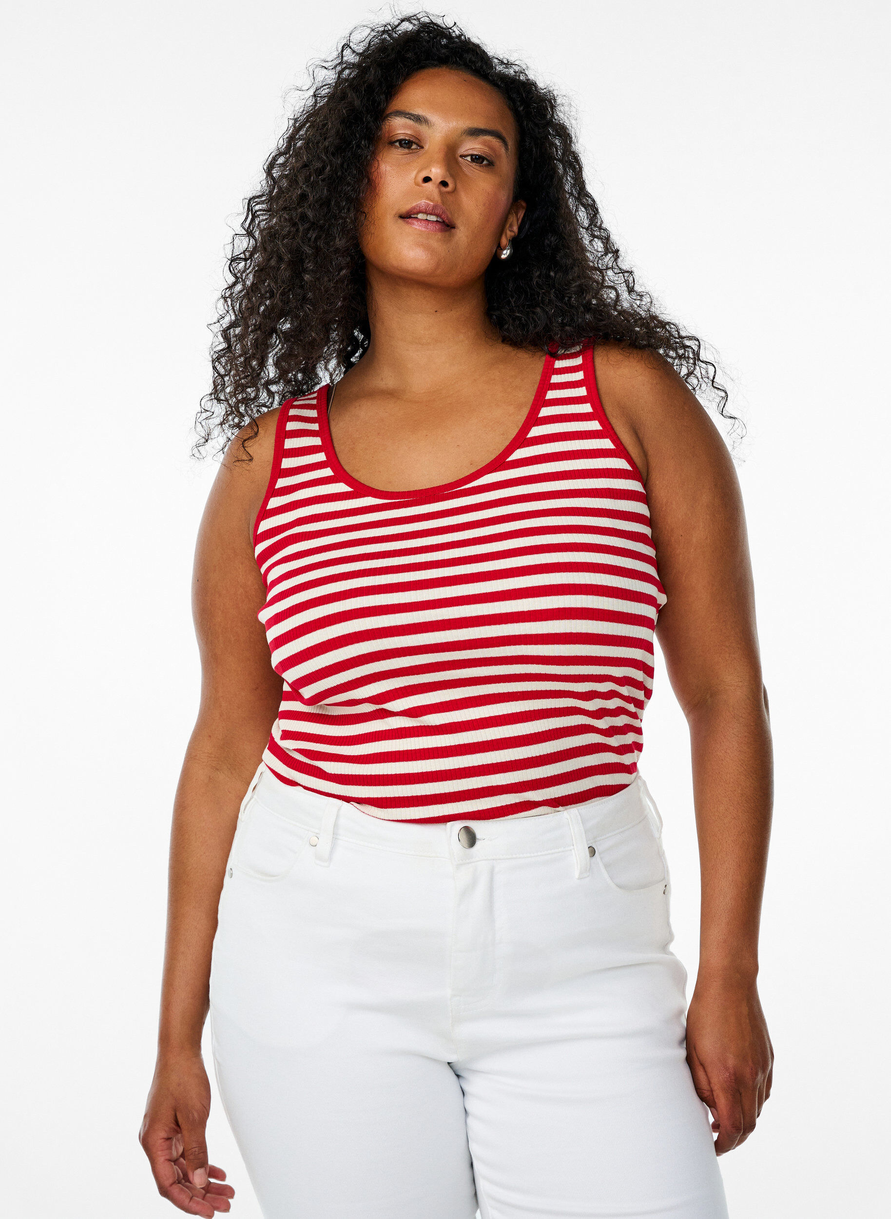 ZizziStribet tanktop med ribstruktur, R&oslash;d, Model image number 0