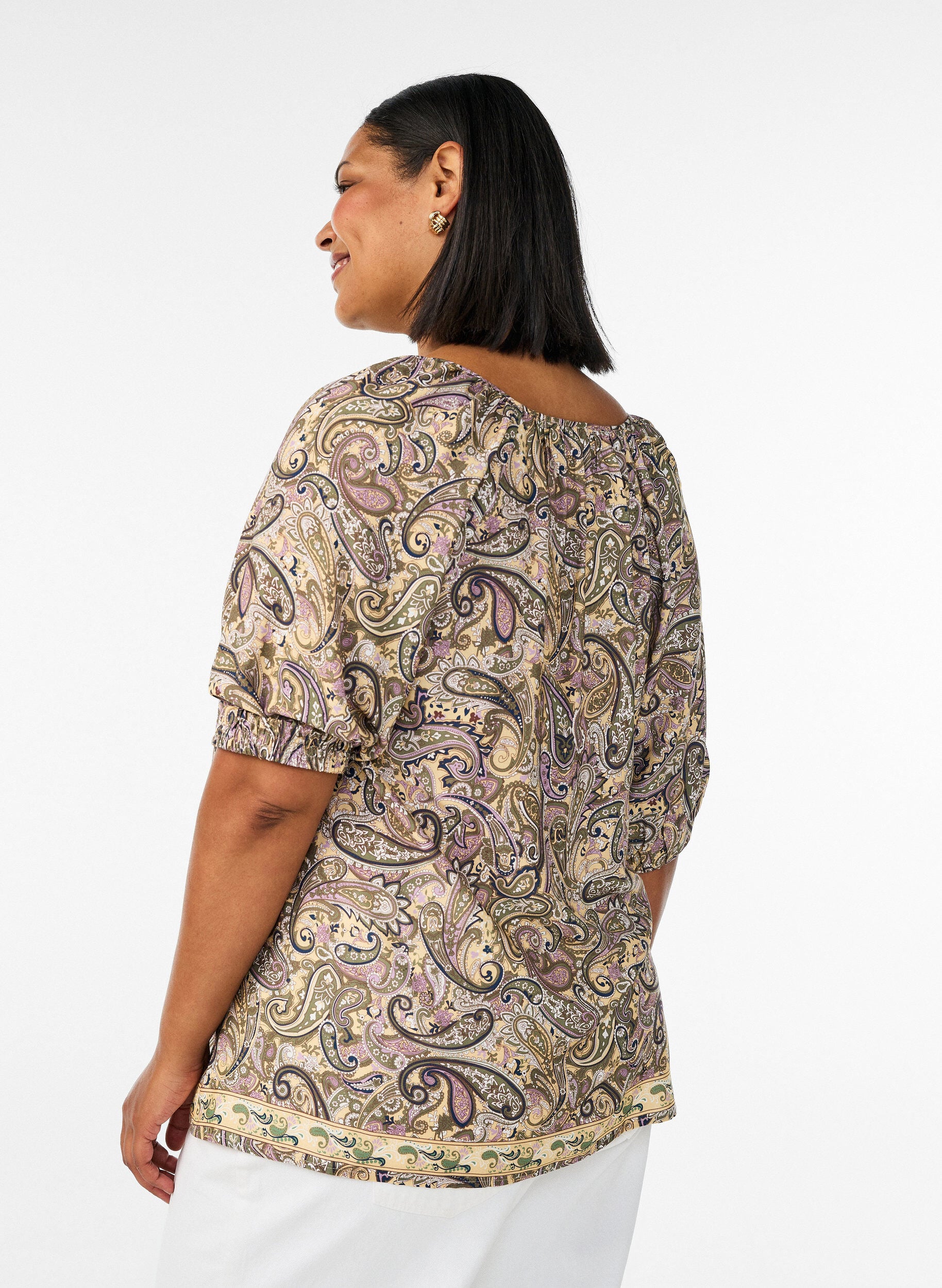 ZizziBluse i viskose med paisleyprint og bindesnor, Gul, Model image number 2