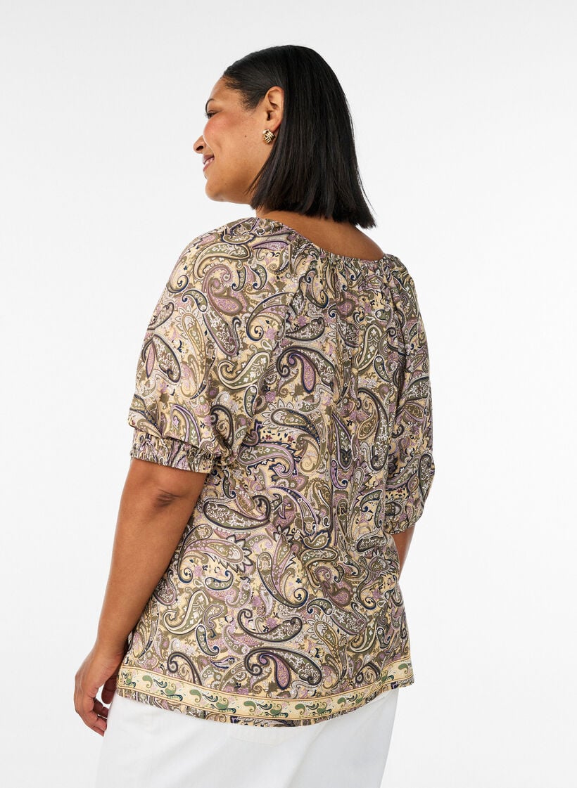 Bluse i viskose med paisleyprint og bindesnor, Gul, Model image number 2