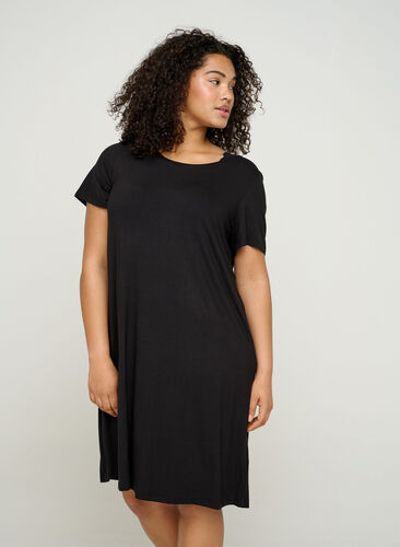Ensfarvet kjole med korte ærmer, Black, Model image number 0