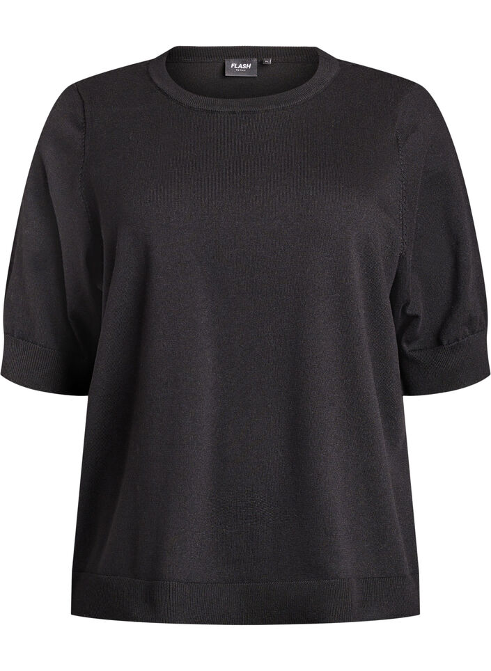 Finstrikket bluse med korte &aelig;rmer, Sort, Packshot image number 0