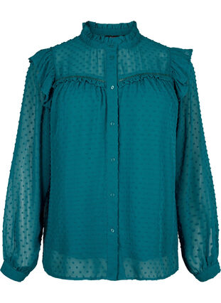 Skjortebluse med flæser og prikket tekstur, Shaded Spruce, Packshot image number 0