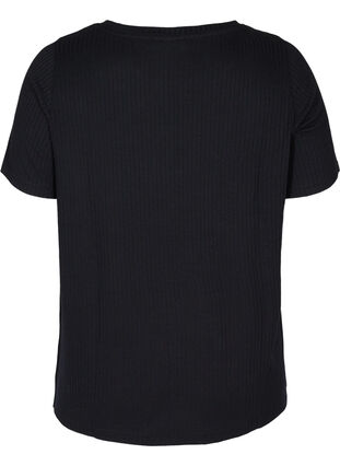 Ensfarvet rib t-shirt med korte ærmer, Black, Packshot image number 1