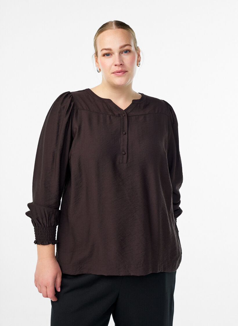 Viskosebluse med smock og rynkedetaljer, Brun, Model image number 0