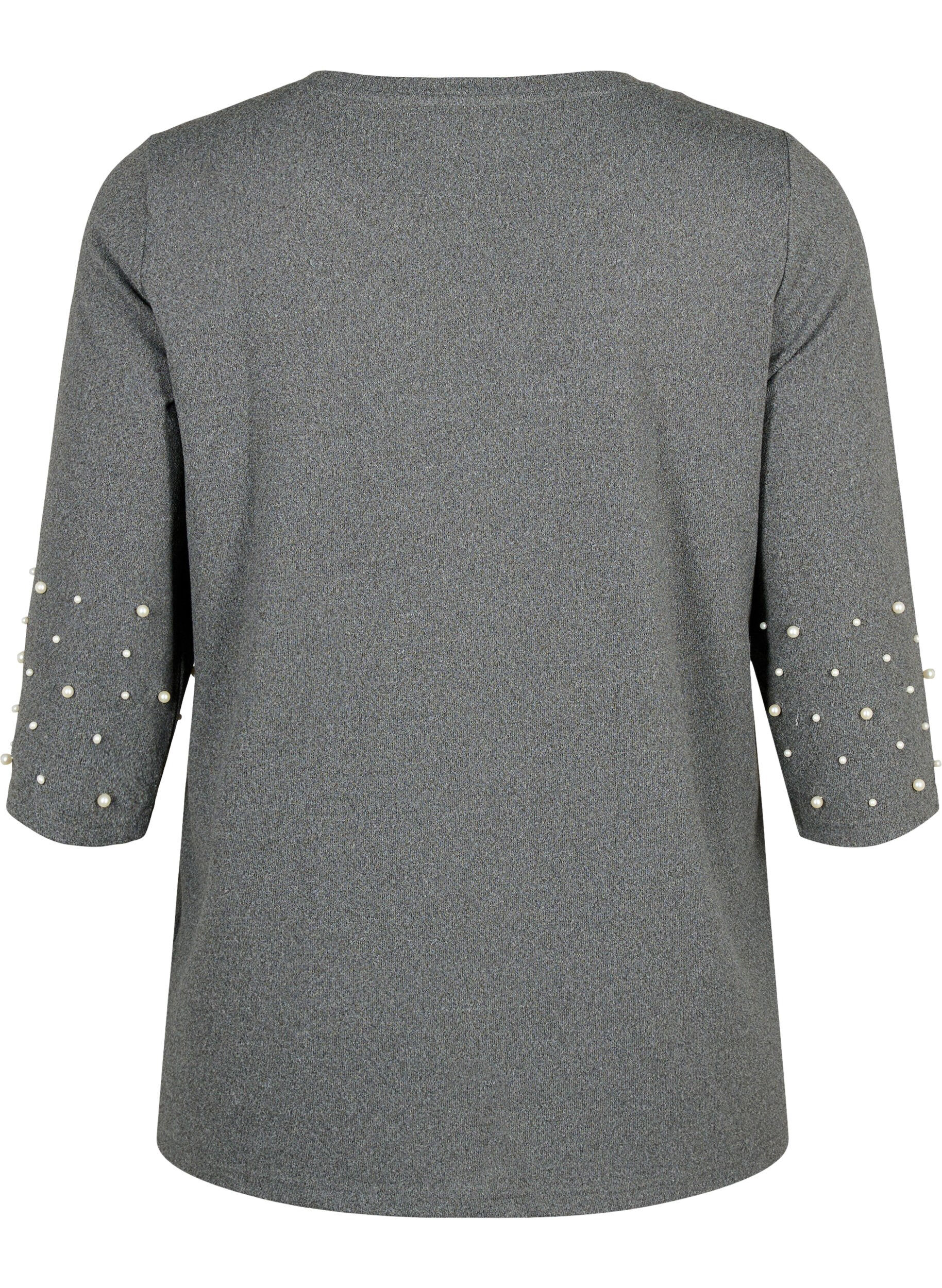 Zizzi Bluse med perler og 3/4 &aelig;rmer, Dark Grey Melange, Packshot image number 1