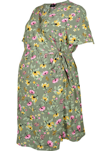 Graviditets kjole i viskose med wrap, Green Flower Print, Packshot image number 0