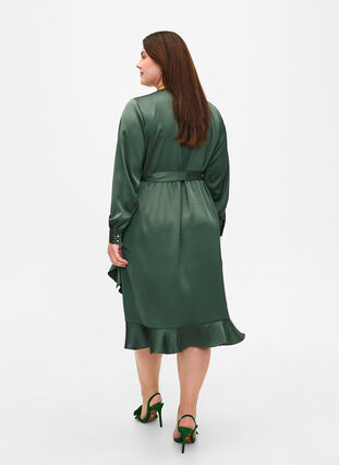 Langærmet slå-om kjole i satin, Duck Green, Model image number 1