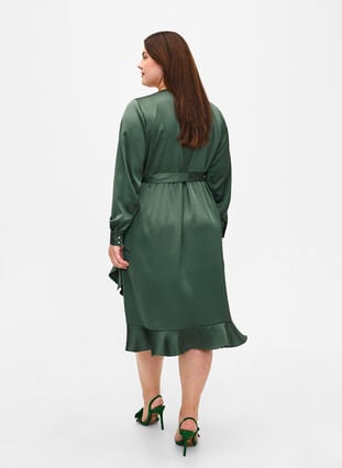 Langærmet slå-om kjole i satin, Duck Green, Model image number 1