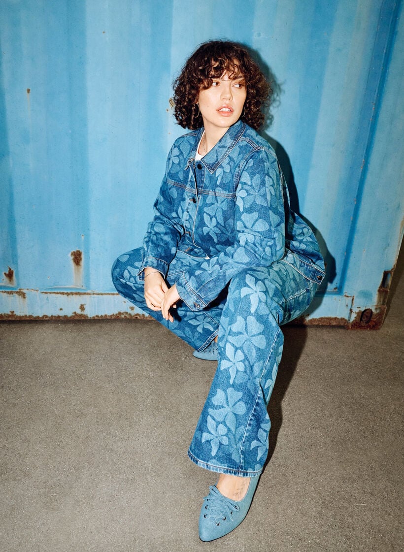 Denimjakke med blomstret m&oslash;nster, Bl&aring;, Image image number 0
