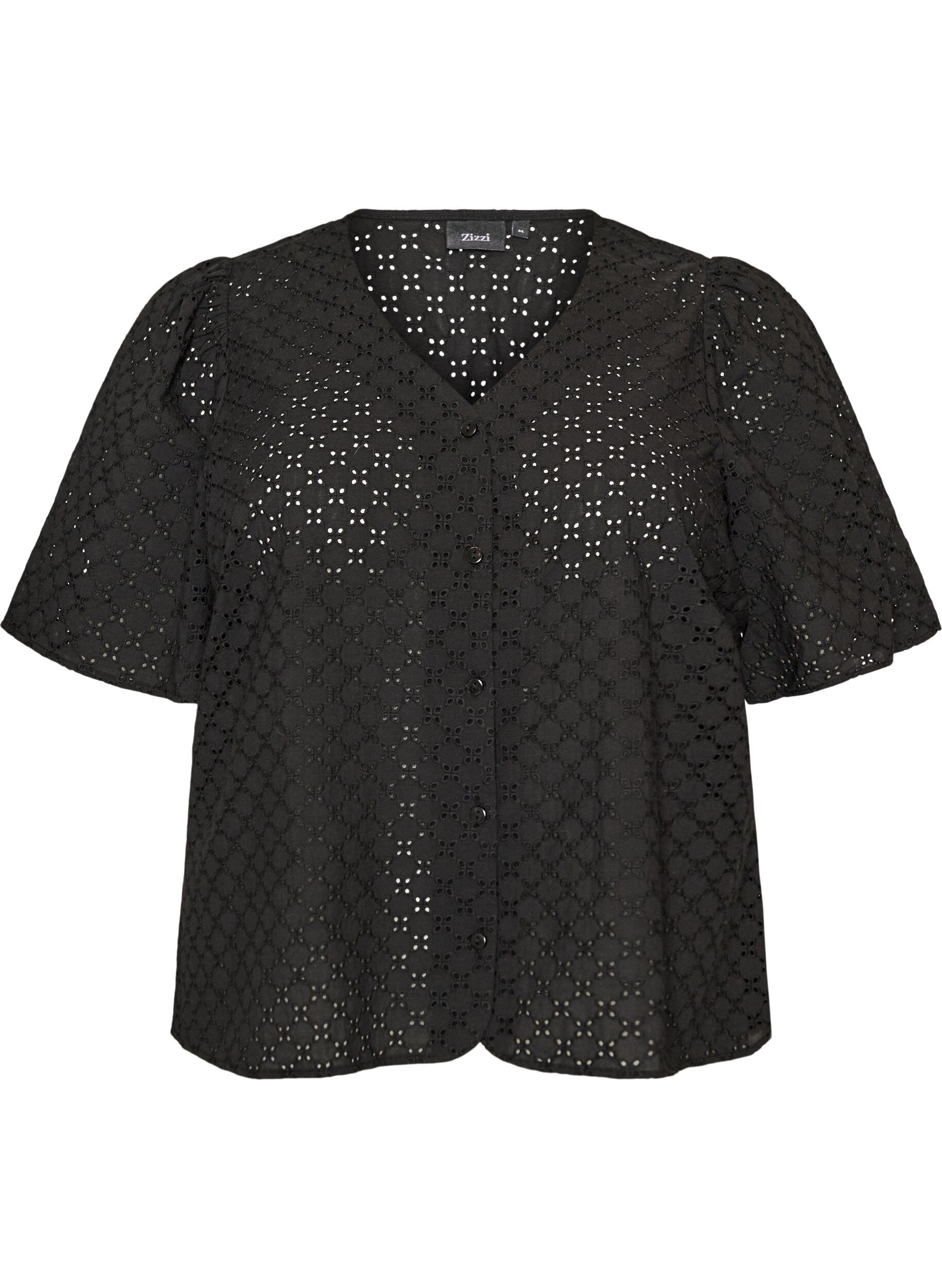 ZizziBluse i broderie anglaise med knaplukning, Sort, Packshot image number 0