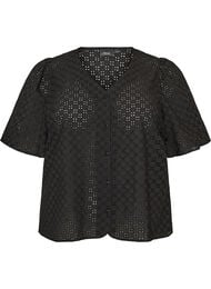 Bluse i broderie anglaise med knaplukning, Sort