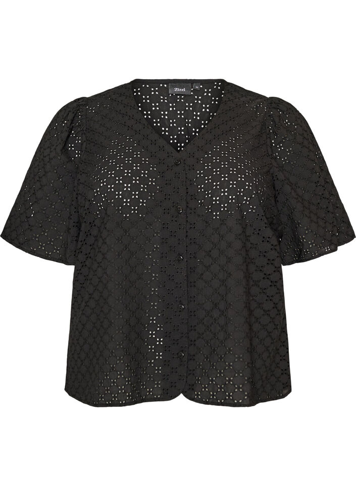 Bluse i broderie anglaise med knaplukning, Sort, Packshot image number 0