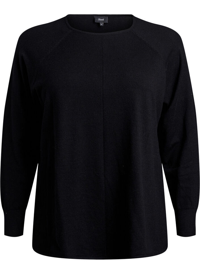 Strikbluse med rund hals og strikket m&oslash;nster, Sort, Packshot image number 0