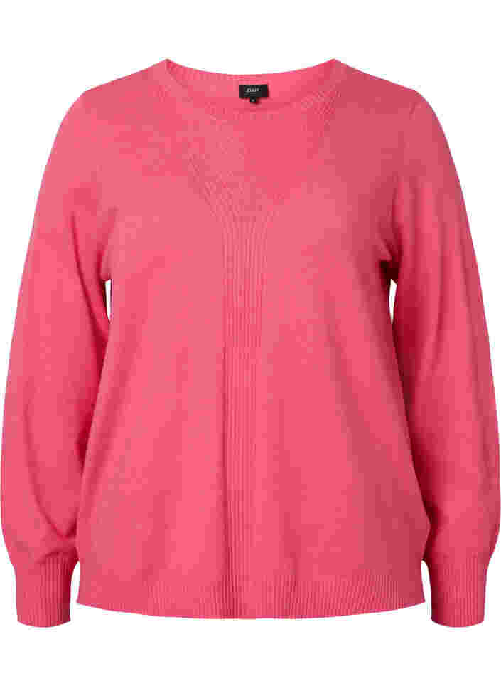 Ensfarvet strikbluse med ribdetaljer, Hot Pink Mel., Packshot image number 0