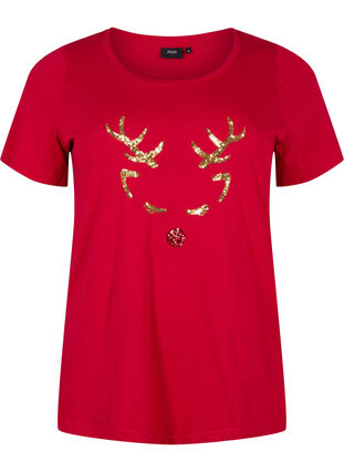 Jule t-shirt i bomuld, Tango Red Reindeer, Packshot image number 0