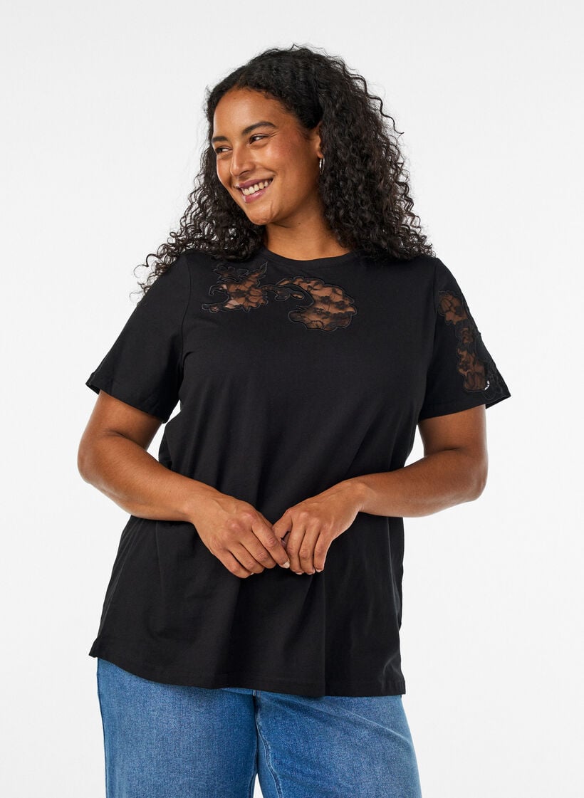 T-shirt i bomuld med blondeapplikationer, Sort, Model image number 0
