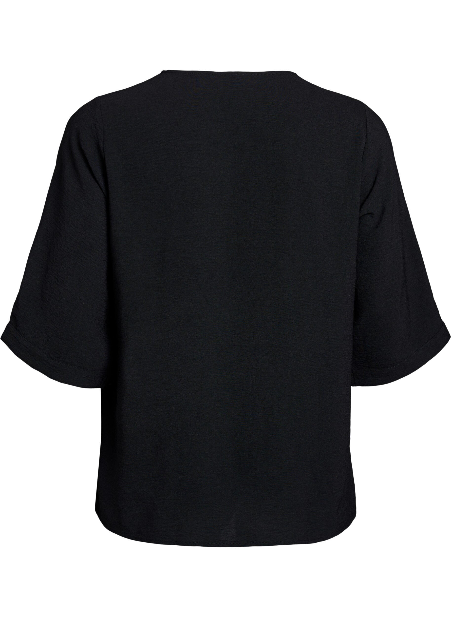 ZizziSkjortebluse med V-udsk&aelig;ring og 3/4-&aelig;rmer, Sort, Packshot image number 1