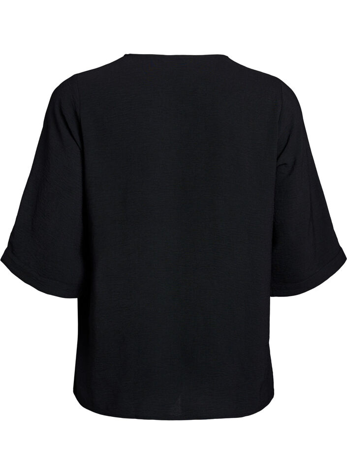 Skjortebluse med V-udsk&aelig;ring og 3/4-&aelig;rmer, Sort, Packshot image number 1