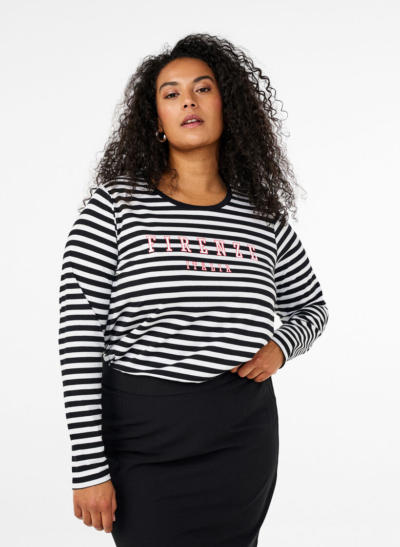 Bluse med striber og motiv, White w.Black Stripe, Model image number 0