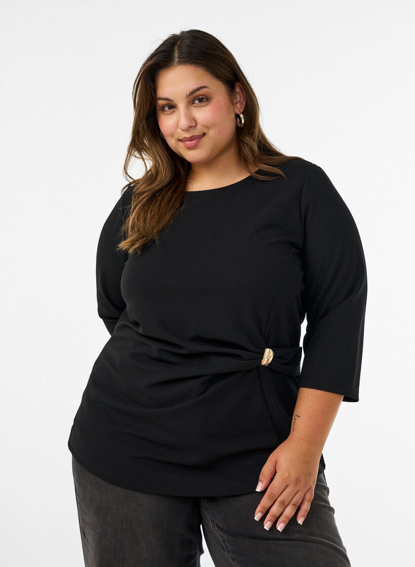 Bluse med asymmetrisk drapering og 3/4 &aelig;rmer, Sort, Model image number 0